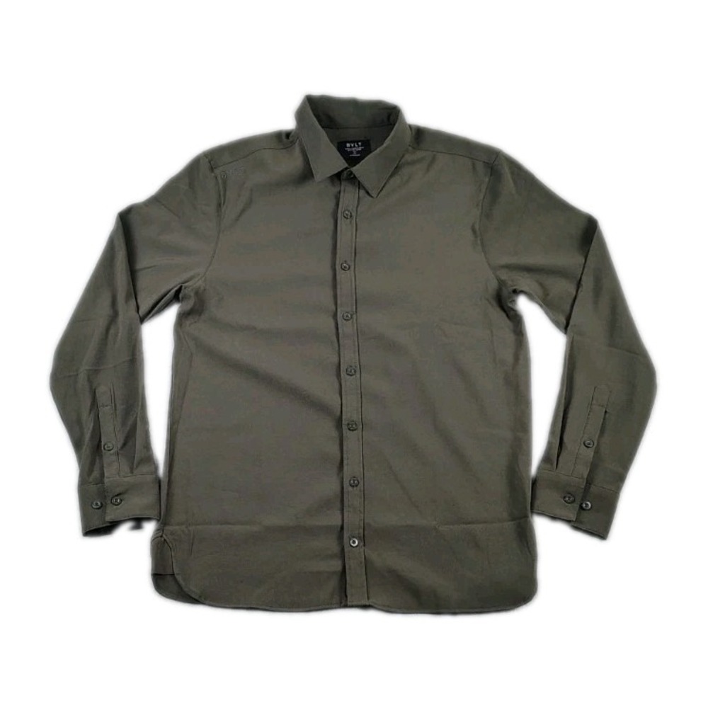 BYLT Vista Long Sleeve Button Down Shirt Mens Medium Olive Green Untucked